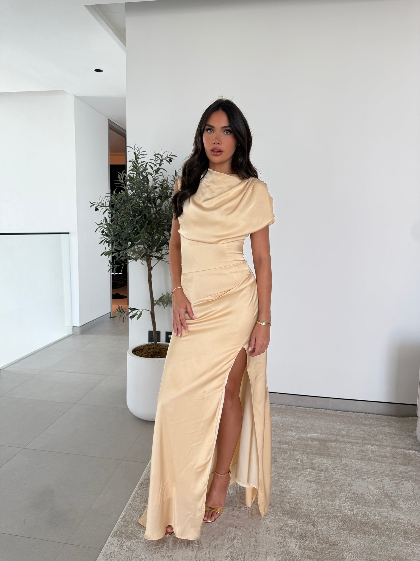 The Noelle Satin Drape Dress — Burgundy