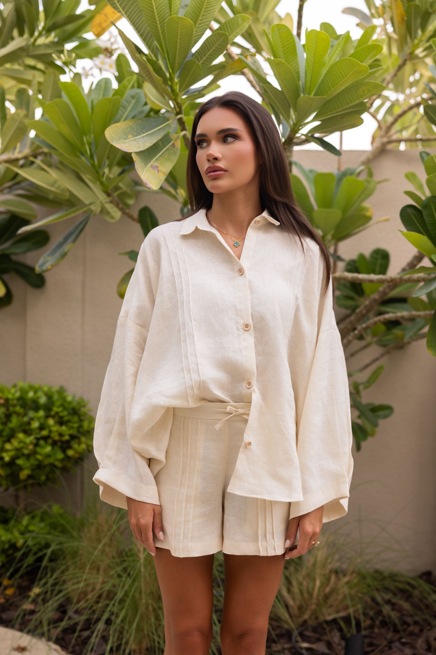 Minimalist white co-ord set in breathable linen
