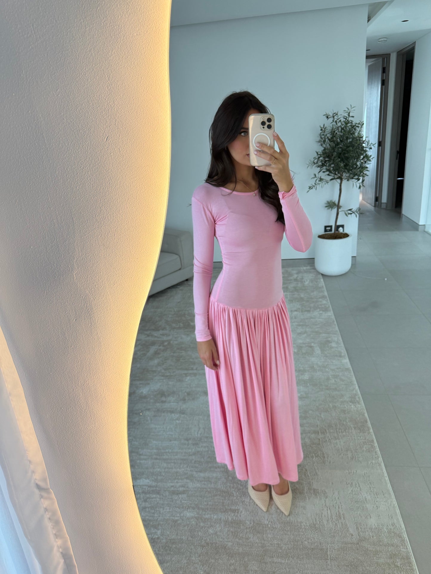 Long Sleeve Pleated Maxi Dress- Pink