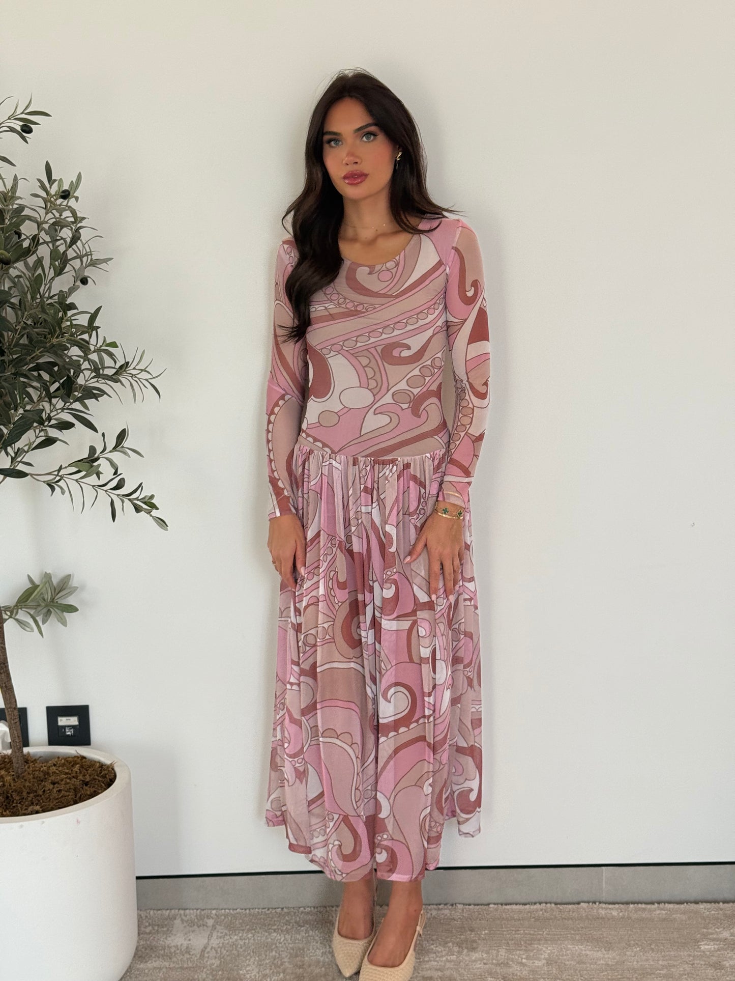 Long Sleeve Pleated Maxi Dress- Pink Mesh