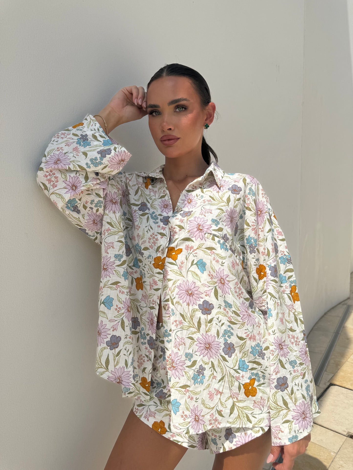 Lightweight cotton co-ord set with botanical pattern styled outdoors