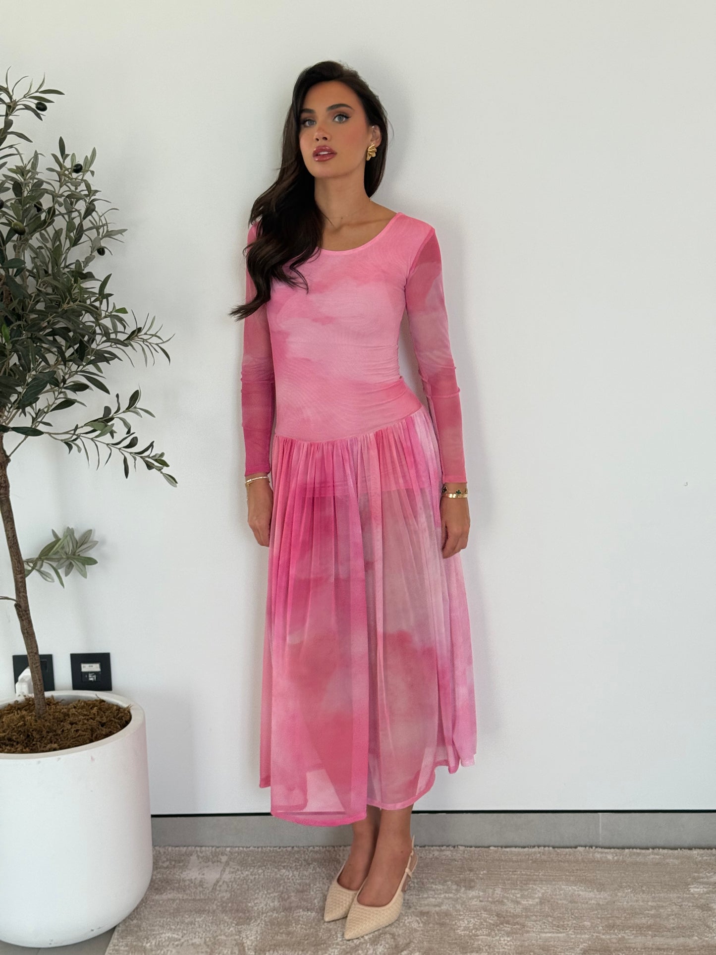 Long Sleeve Pleated Maxi Dress- Pink Mesh