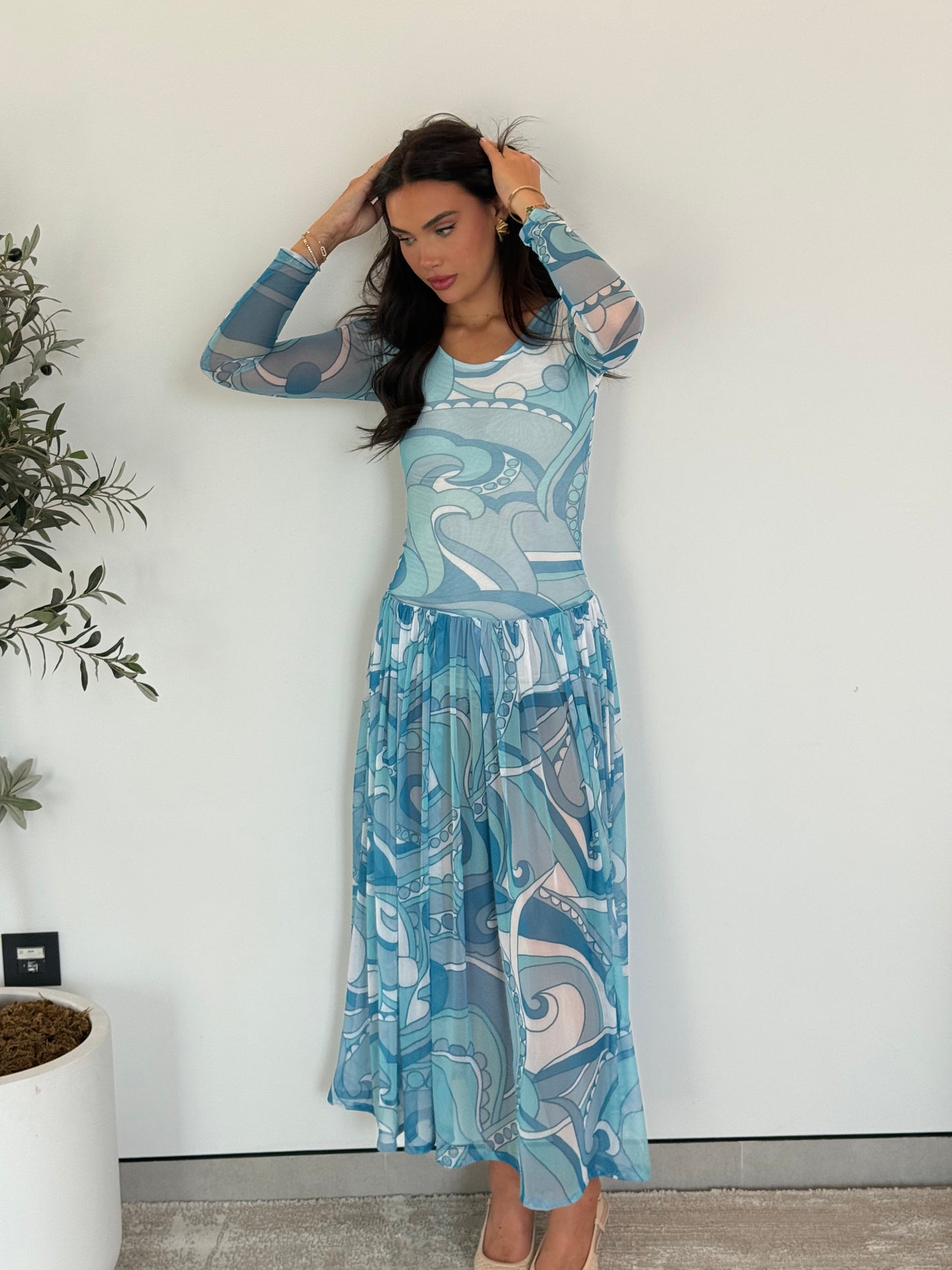 Long Sleeve Pleated Maxi Dress- Blue Mesh