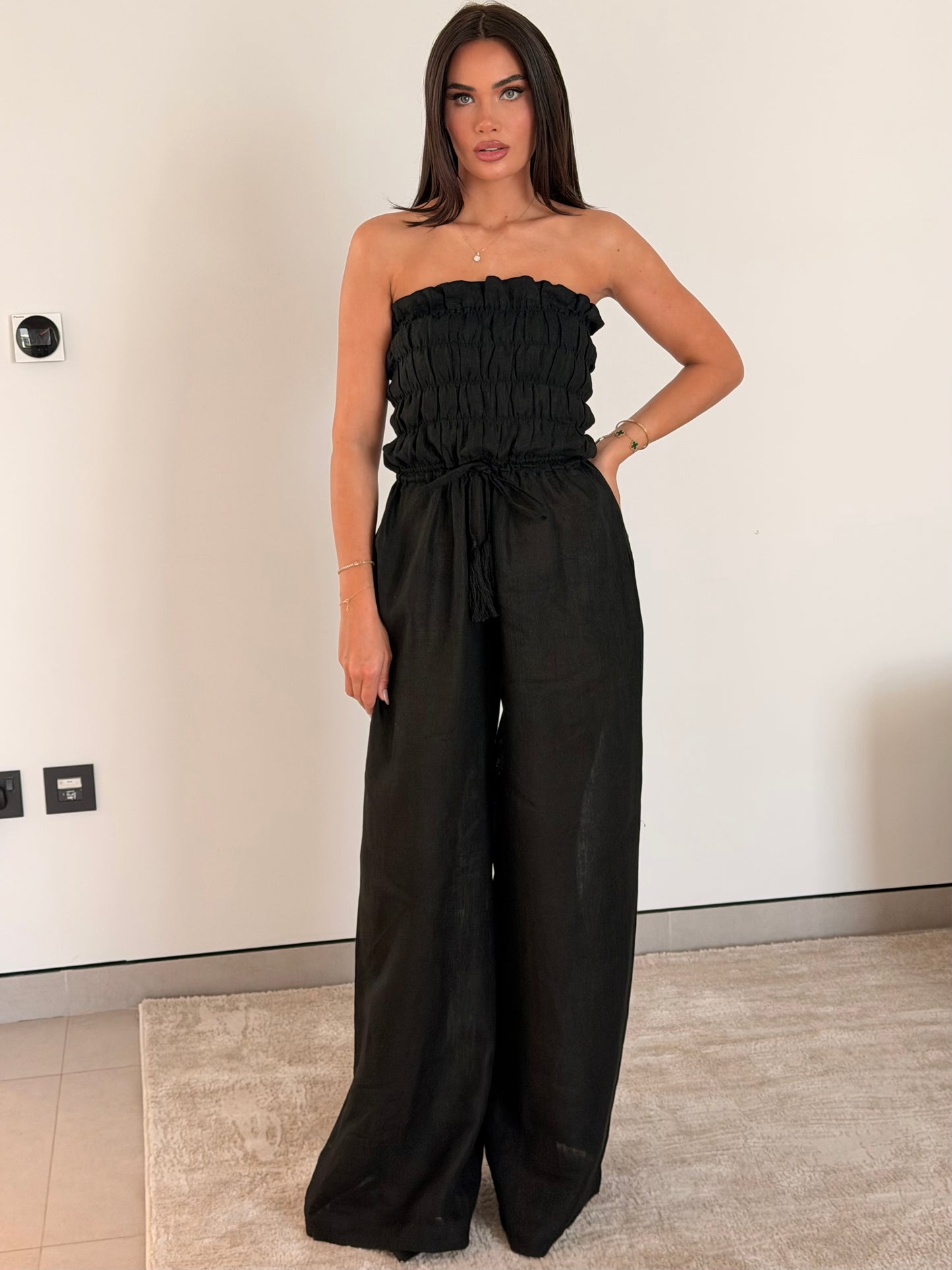 Noir Drift Linen Strapless Jumpsuit