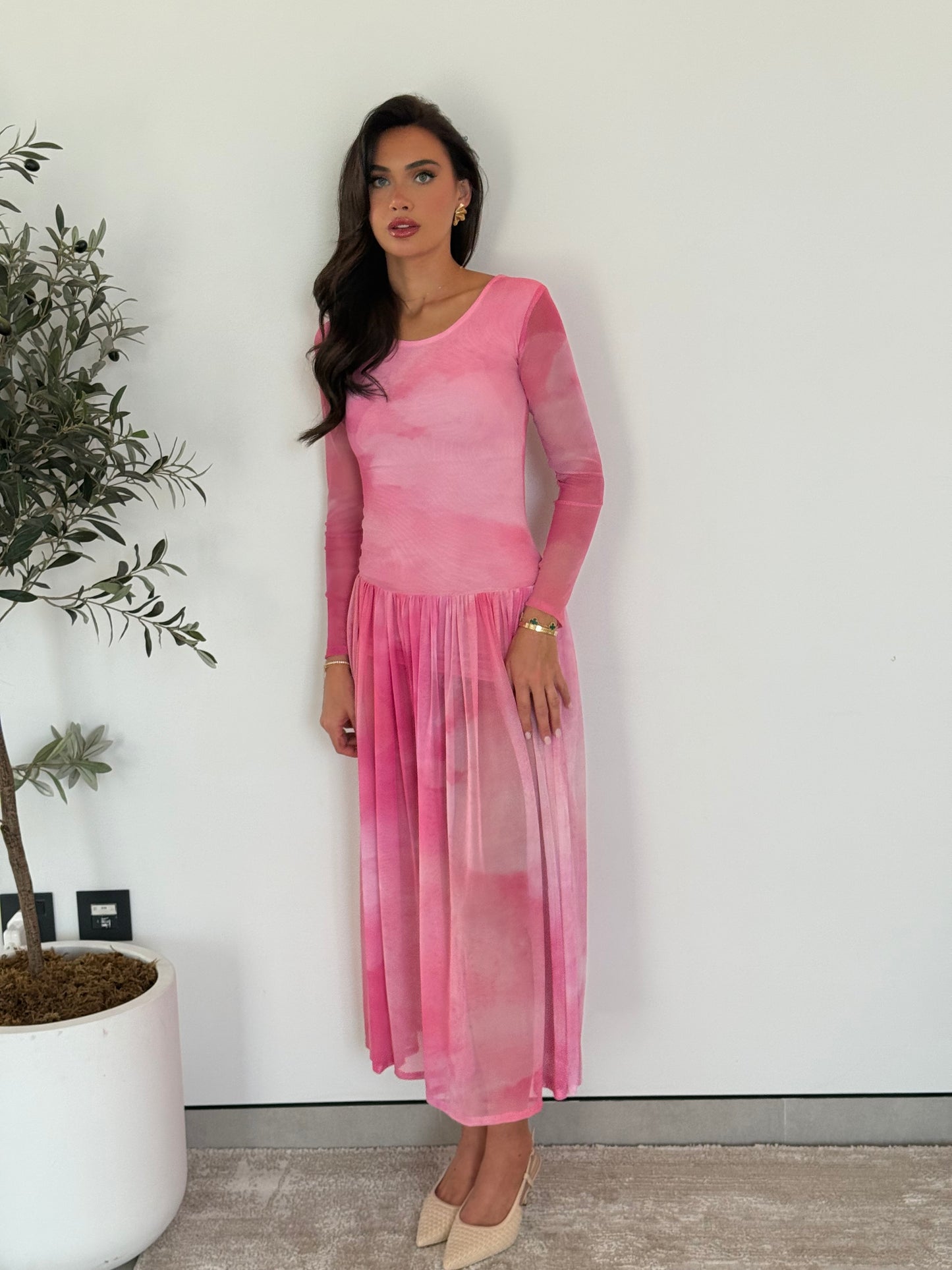 Long Sleeve Pleated Maxi Dress- Pink Mesh