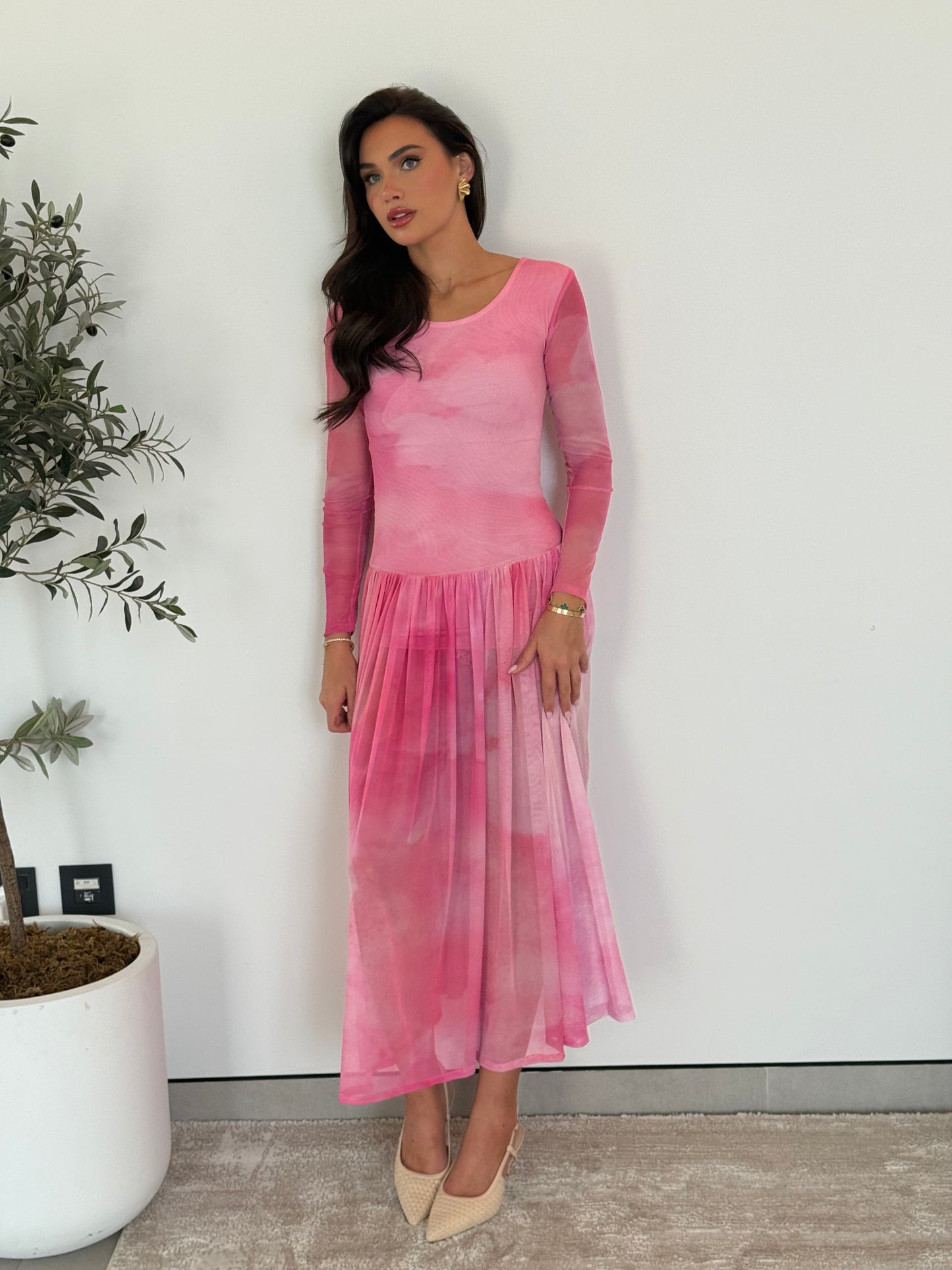 Long Sleeve Pleated Maxi Dress- Pink Mesh