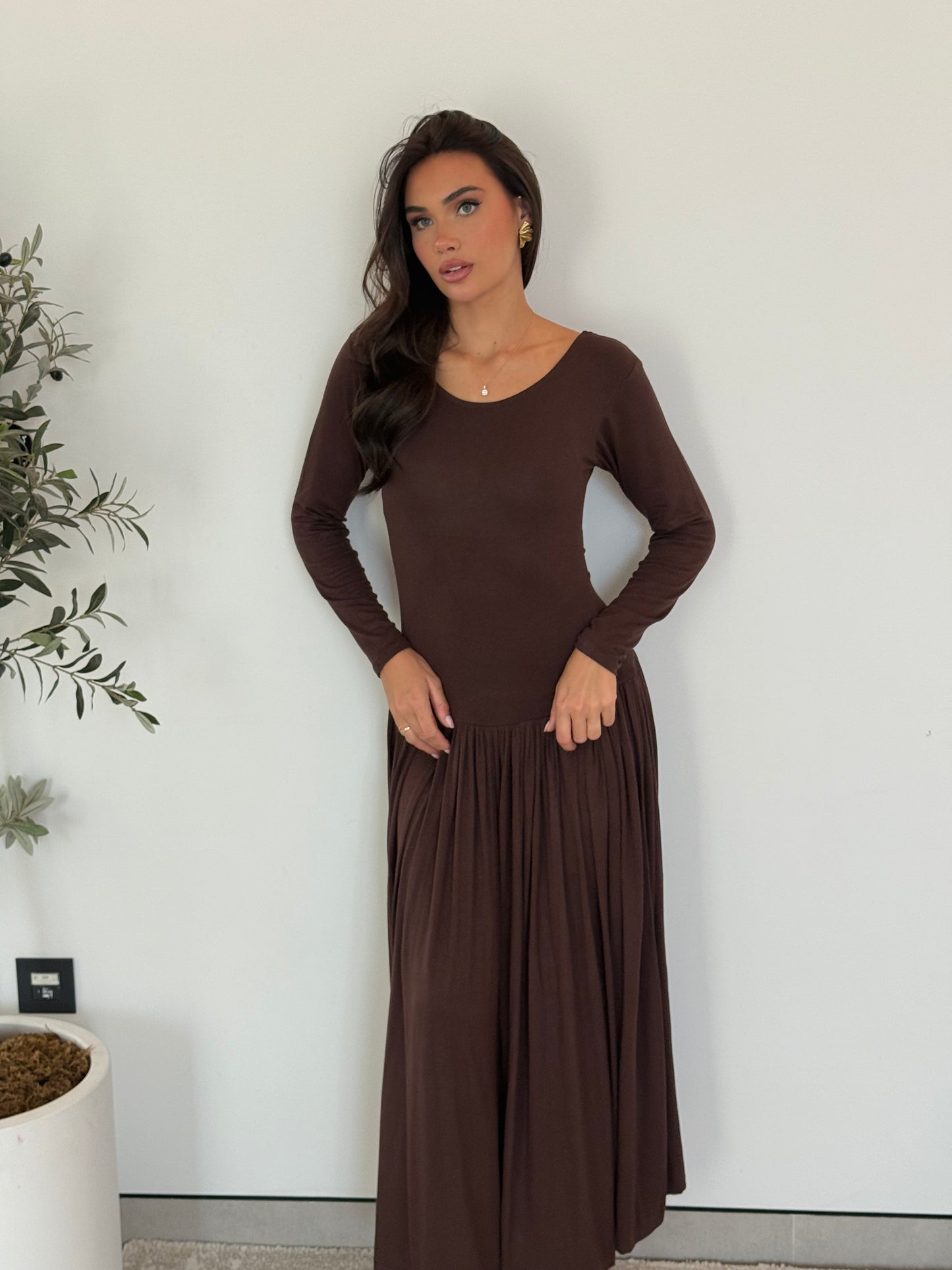 Long Sleeve Pleated Maxi Dress- Brown