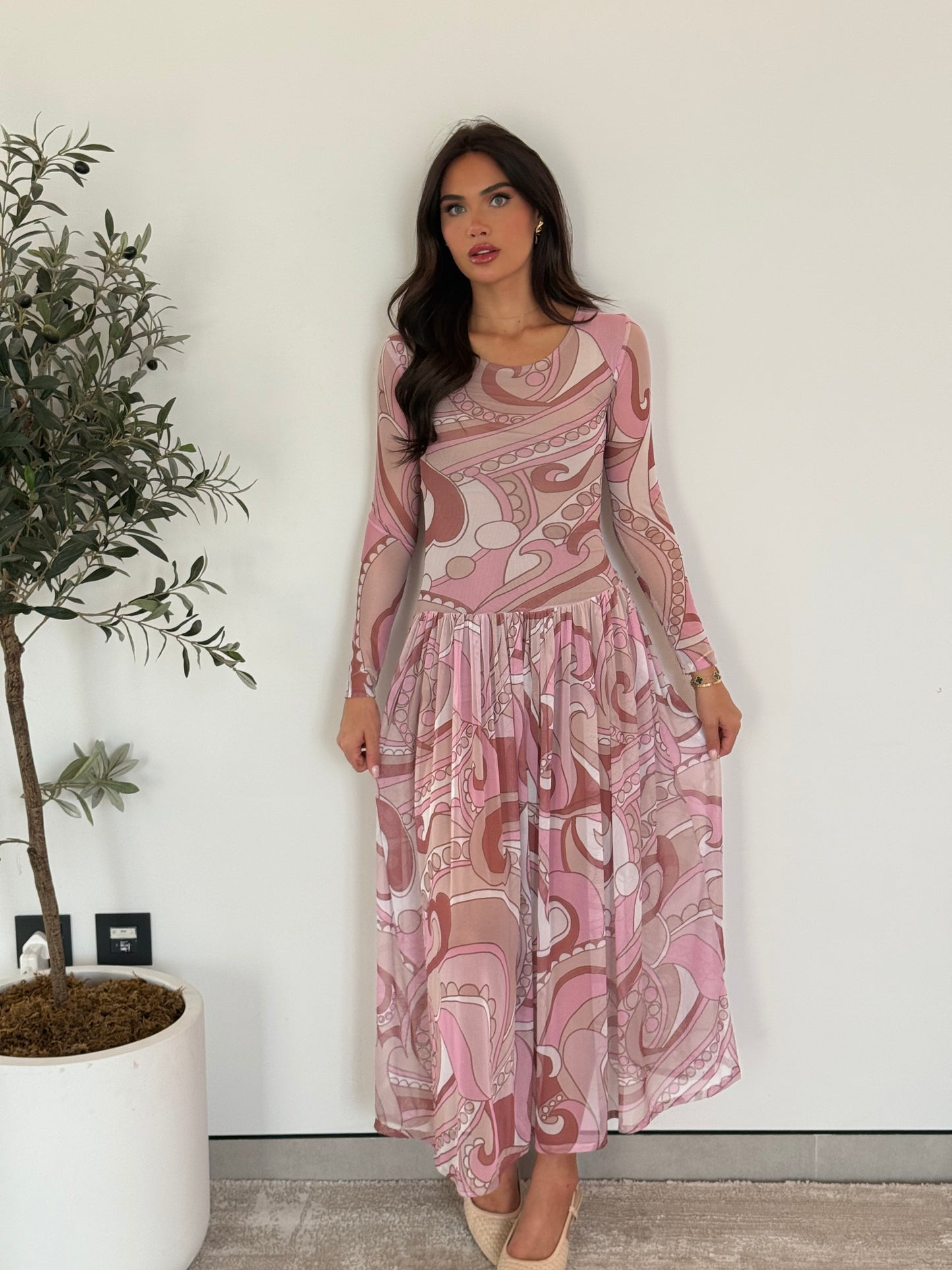Long Sleeve Pleated Maxi Dress- Pink Mesh