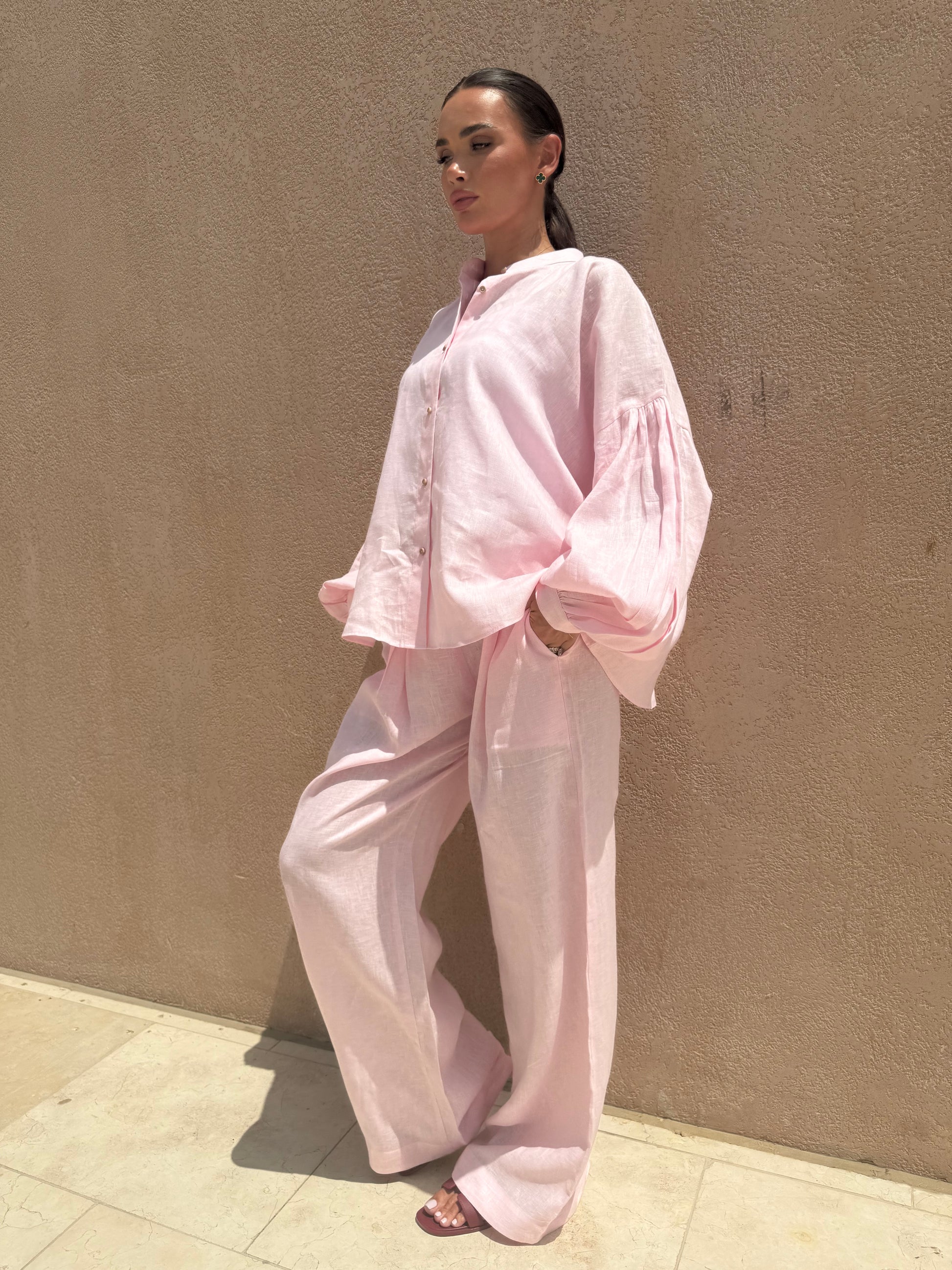 Soft pastel pink linen shirt styled with matching pants – Belle Chose