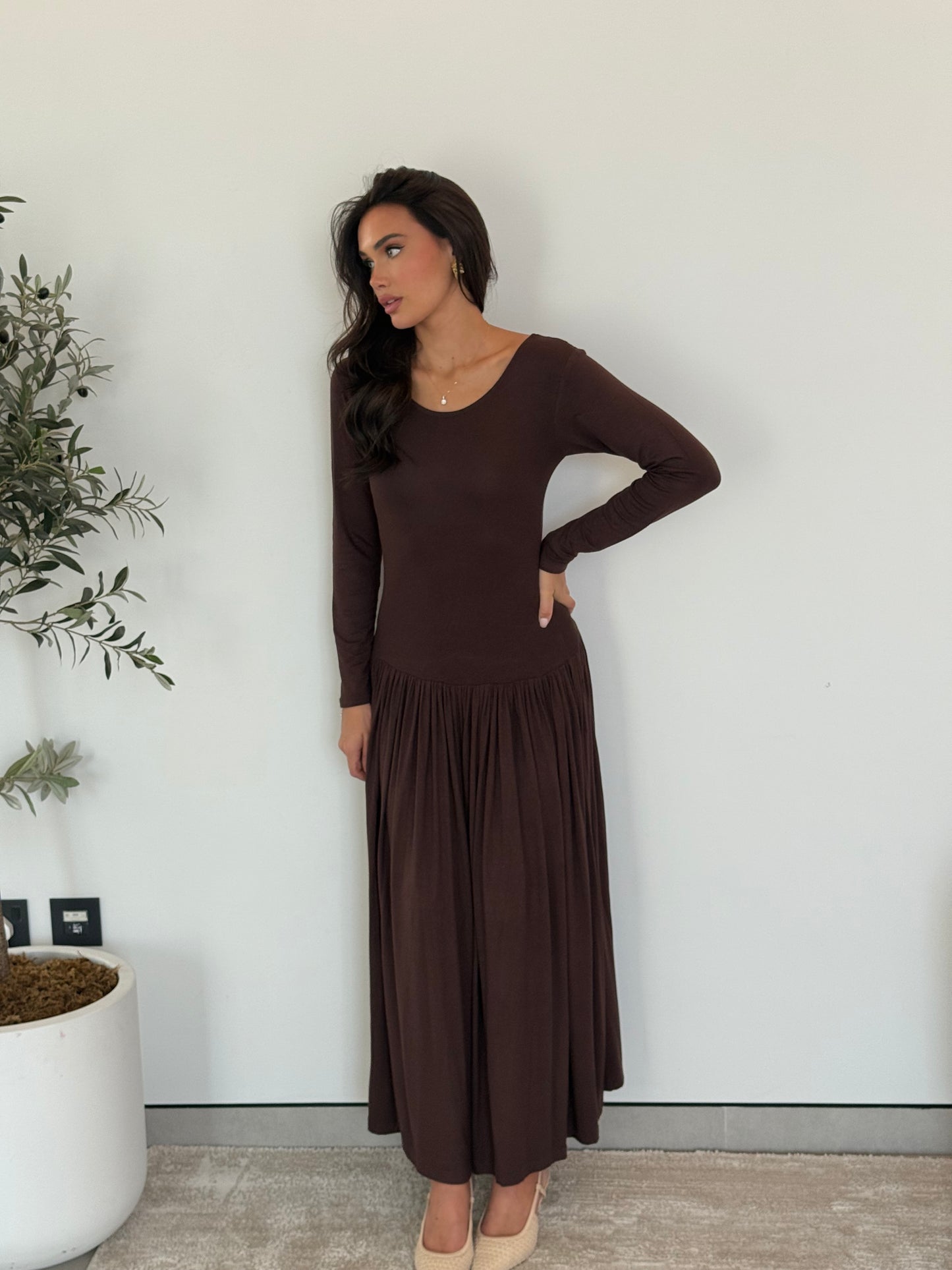 Long Sleeve Pleated Maxi Dress- Brown