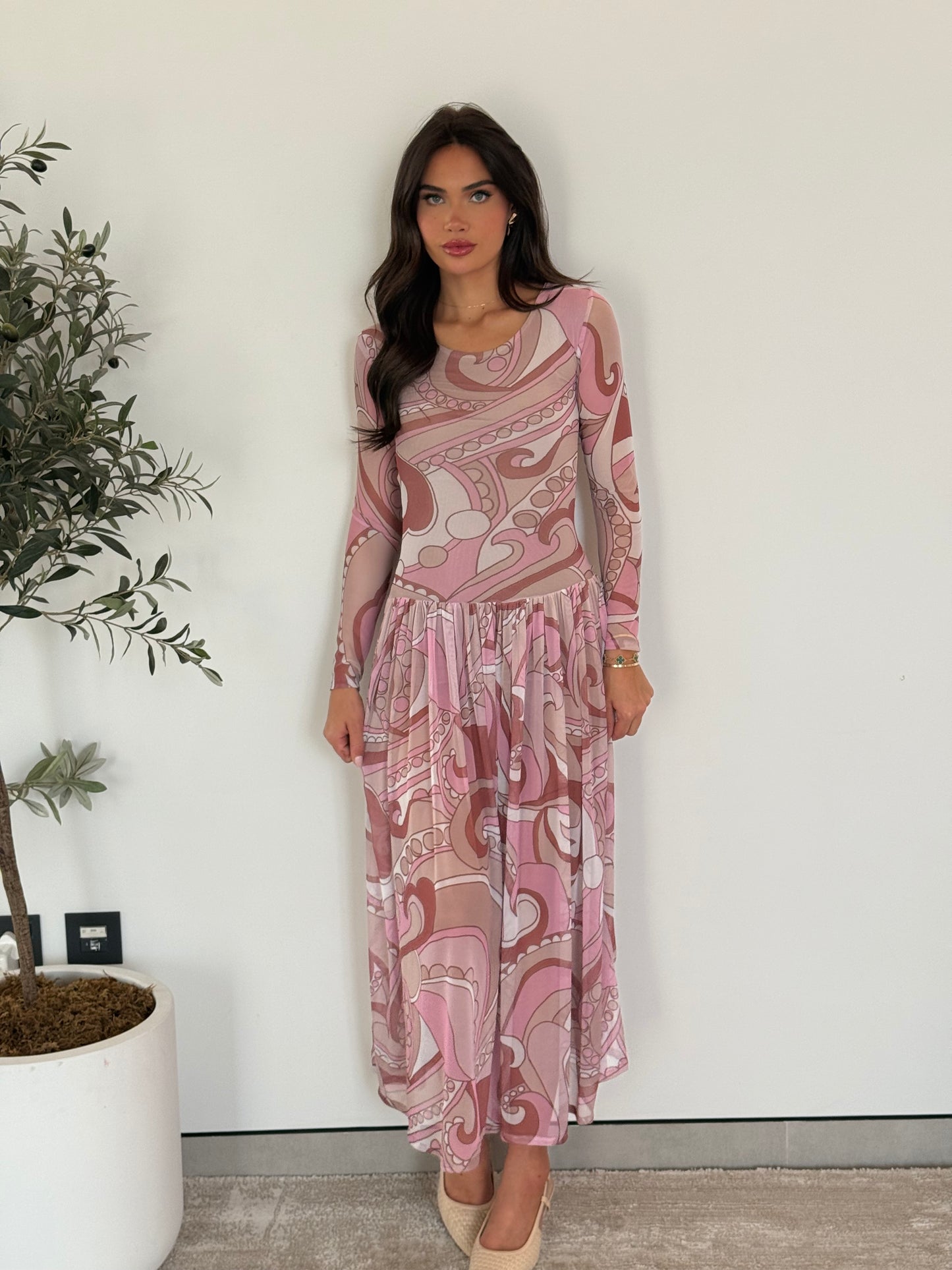 Long Sleeve Pleated Maxi Dress- Pink Mesh