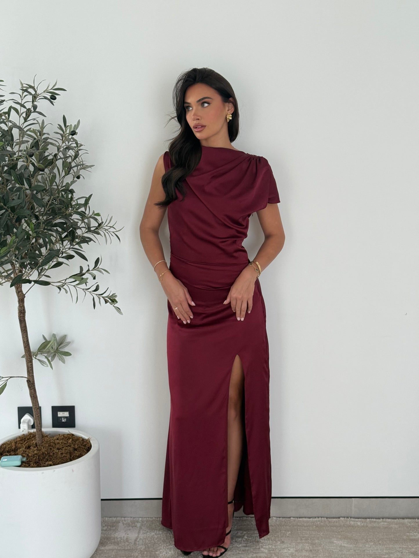 The Noelle Satin Drape Dress — Burgundy