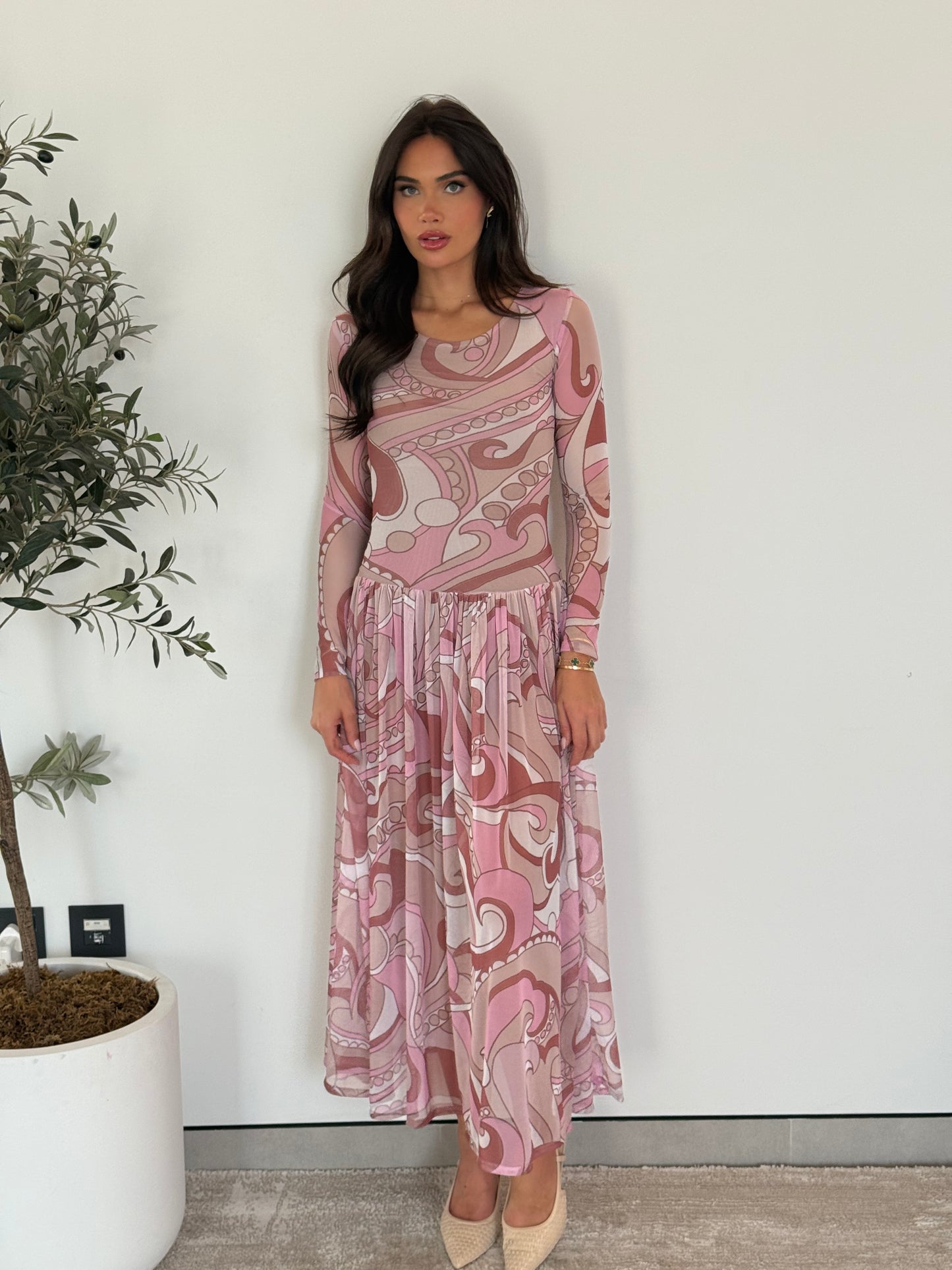 Long Sleeve Pleated Maxi Dress- Pink Mesh