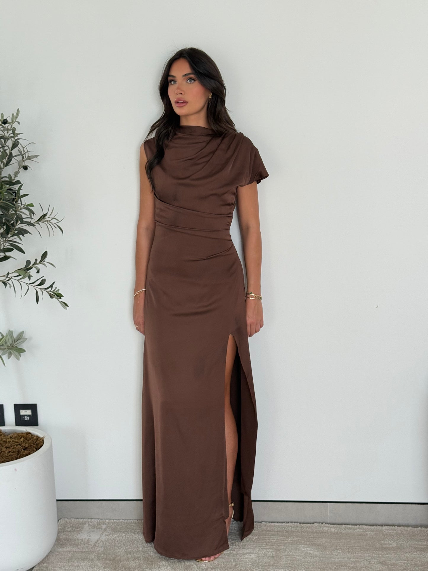 The Noelle Satin Drape Dress — Chocolate brown
