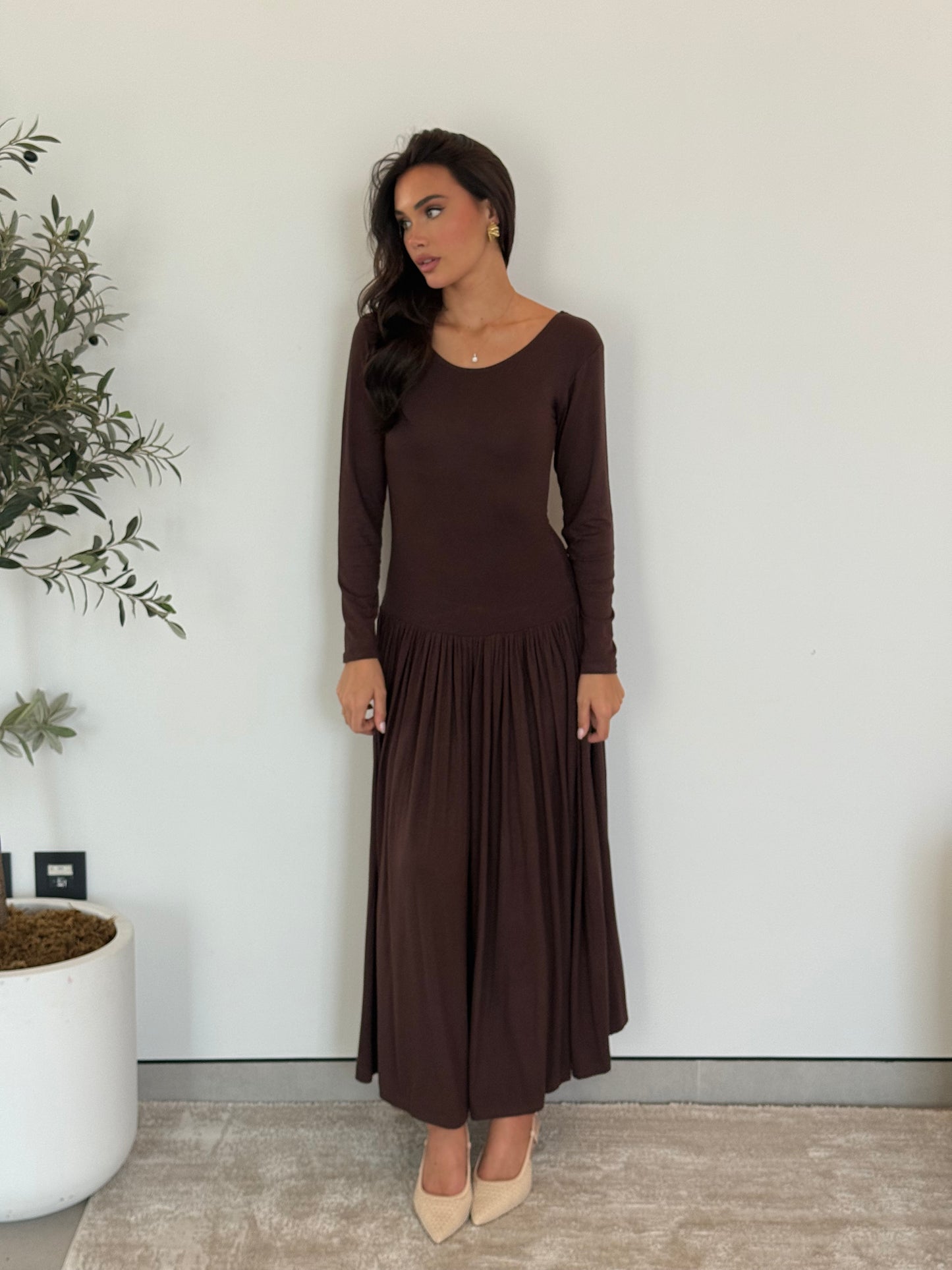 Long Sleeve Pleated Maxi Dress- Brown