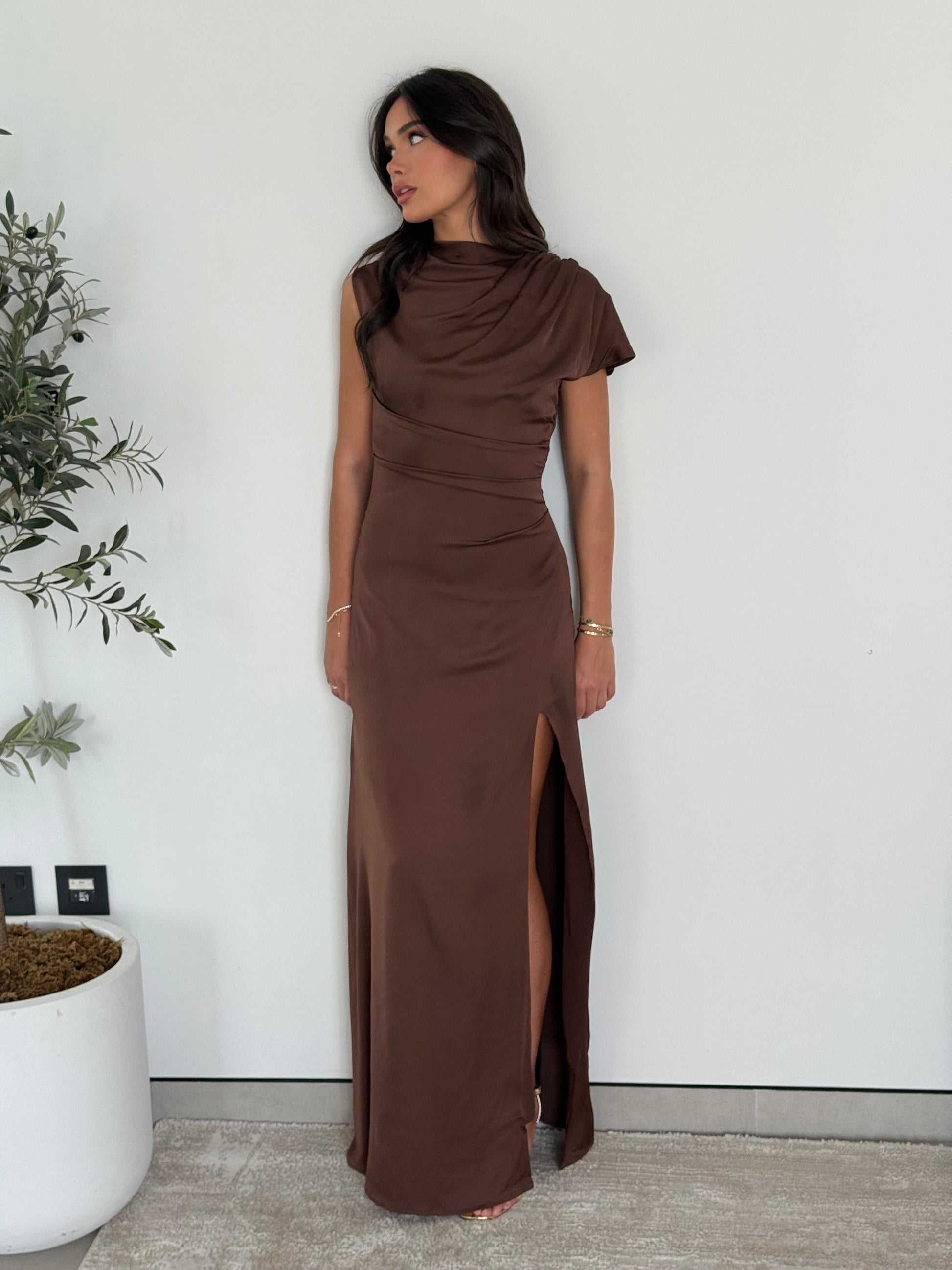 The Noelle Satin Drape Dress — Chocolate brown L / Champagne