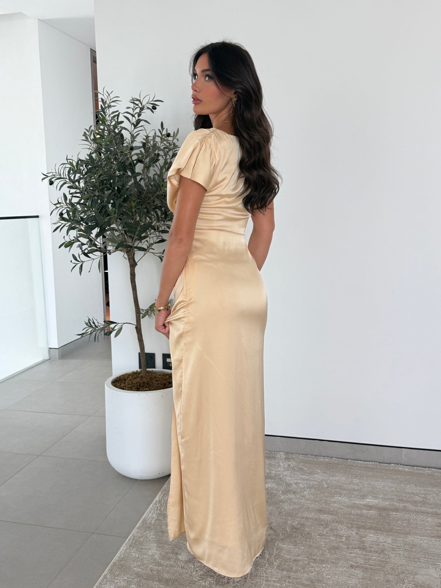 The Noelle Satin Drape Dress — Champagne