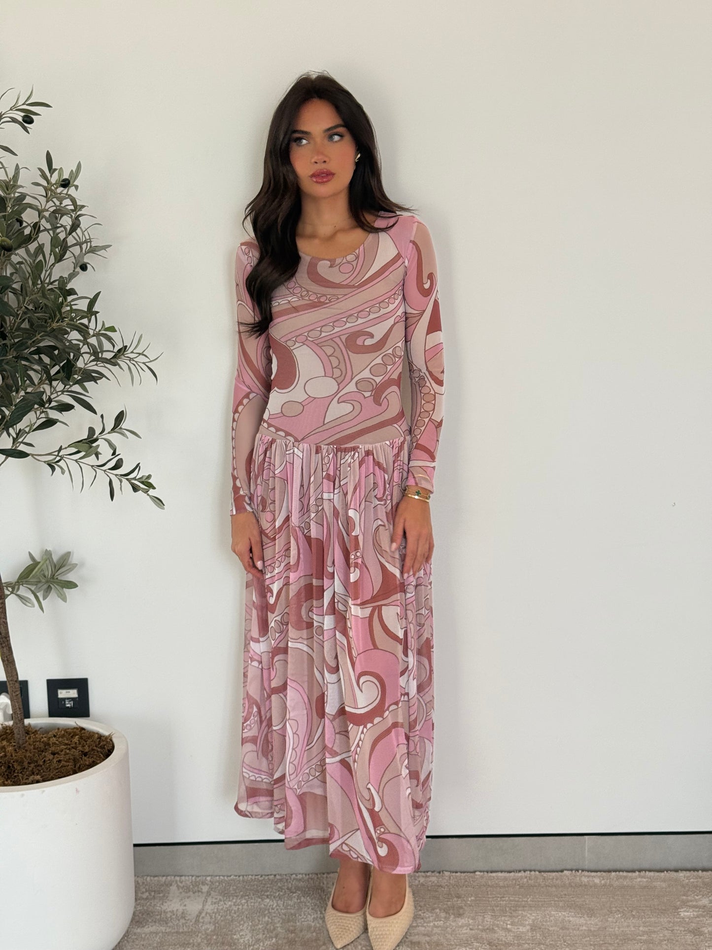 Long Sleeve Pleated Maxi Dress- Pink Mesh