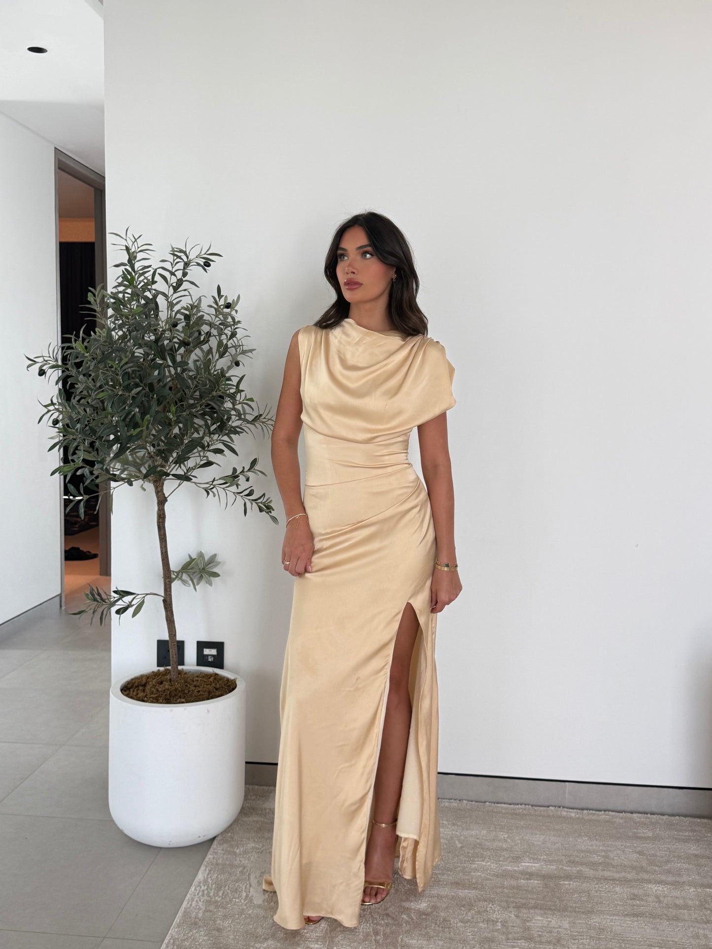 The Noelle Satin Drape Dress — Champagne