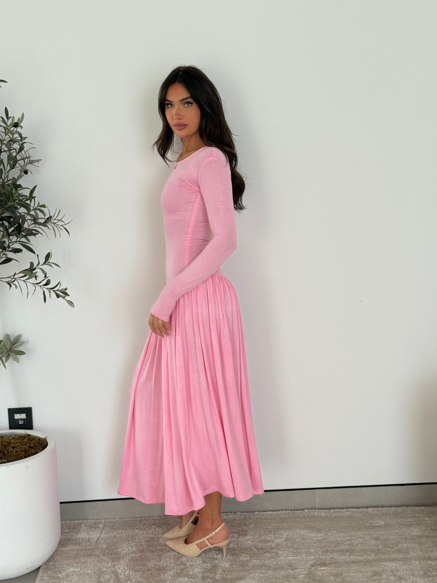 Long Sleeve Pleated Maxi Dress- Pink