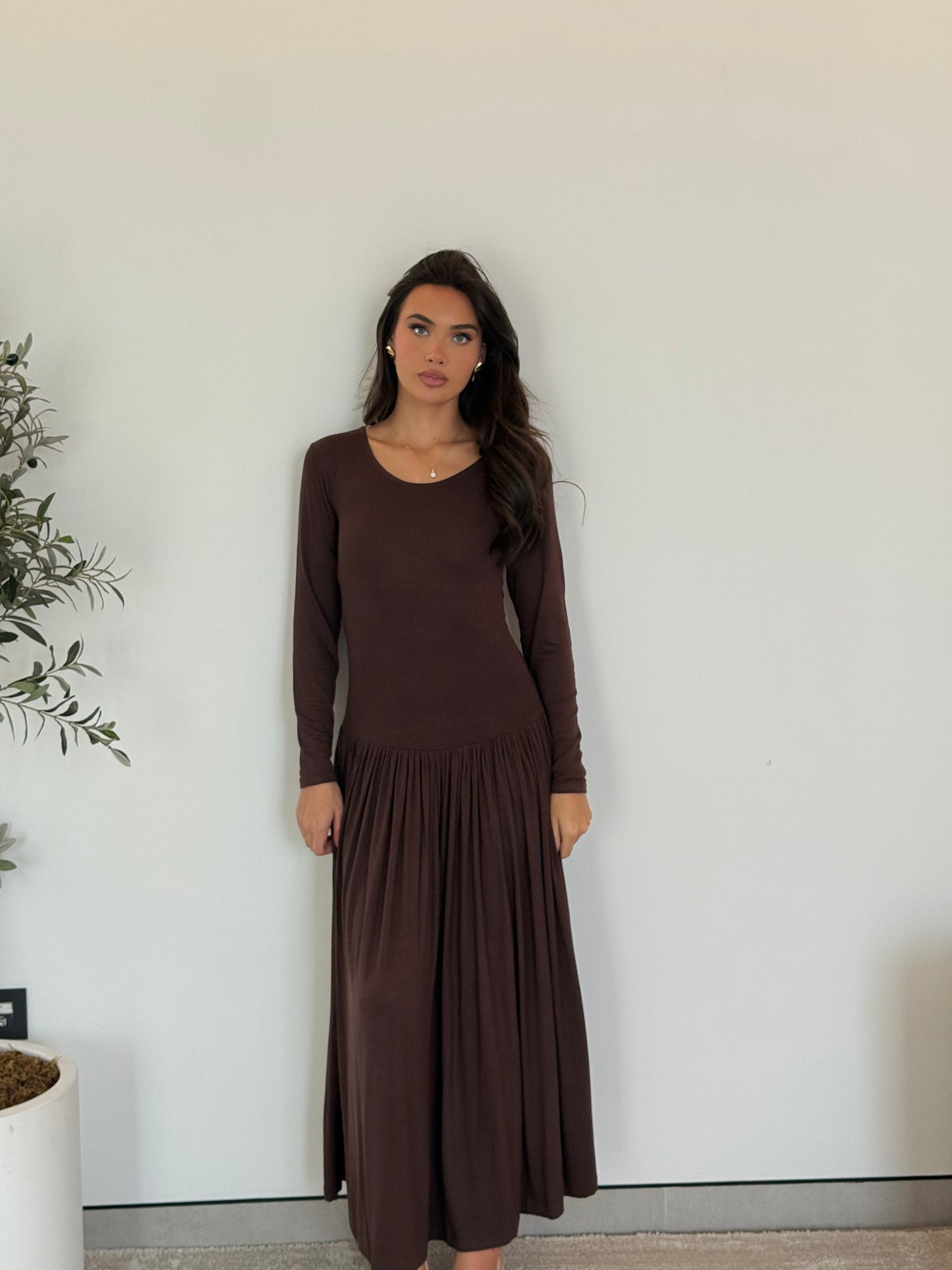 Long Sleeve Pleated Maxi Dress- Brown