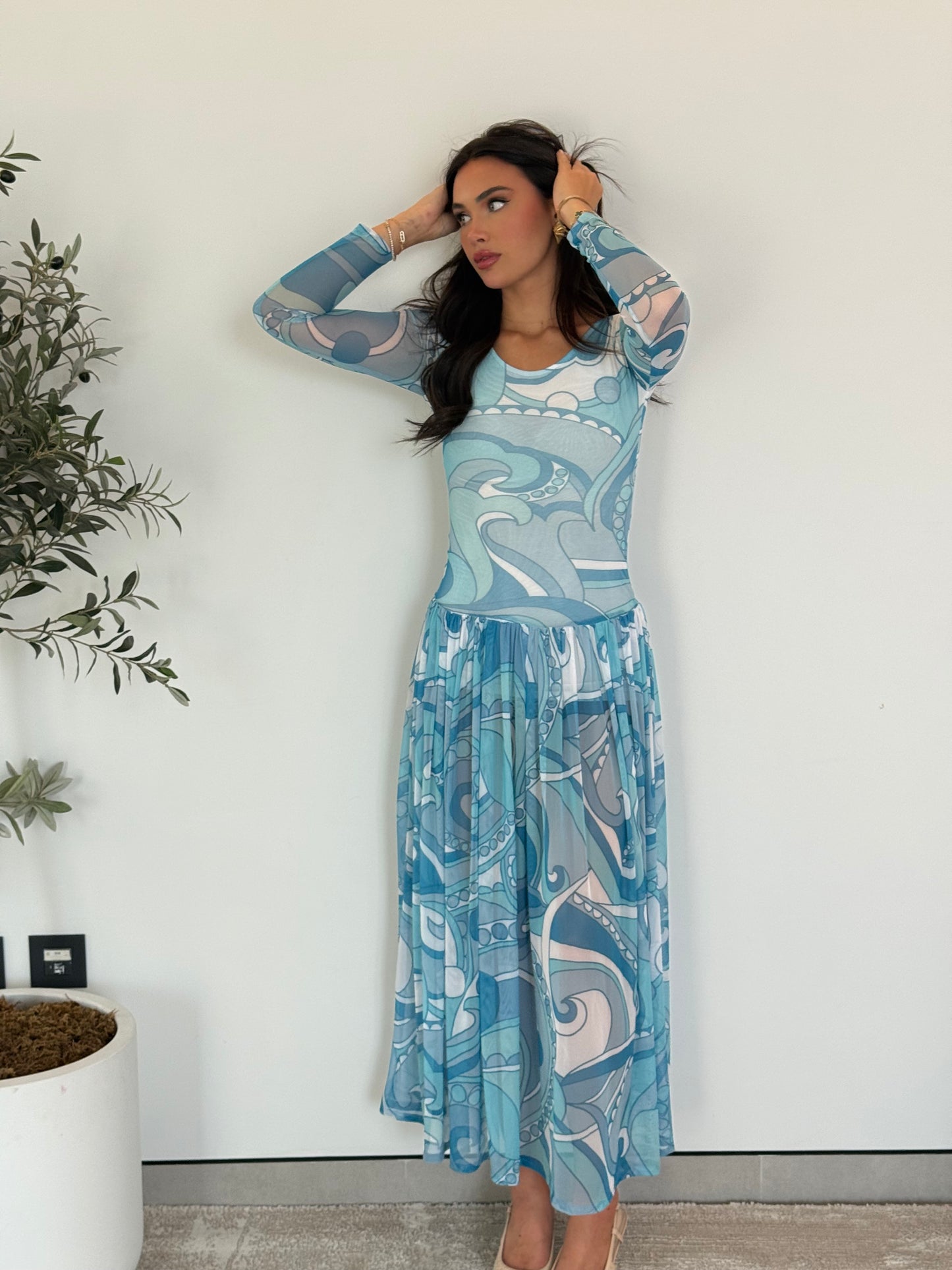 Long Sleeve Pleated Maxi Dress- Blue Mesh