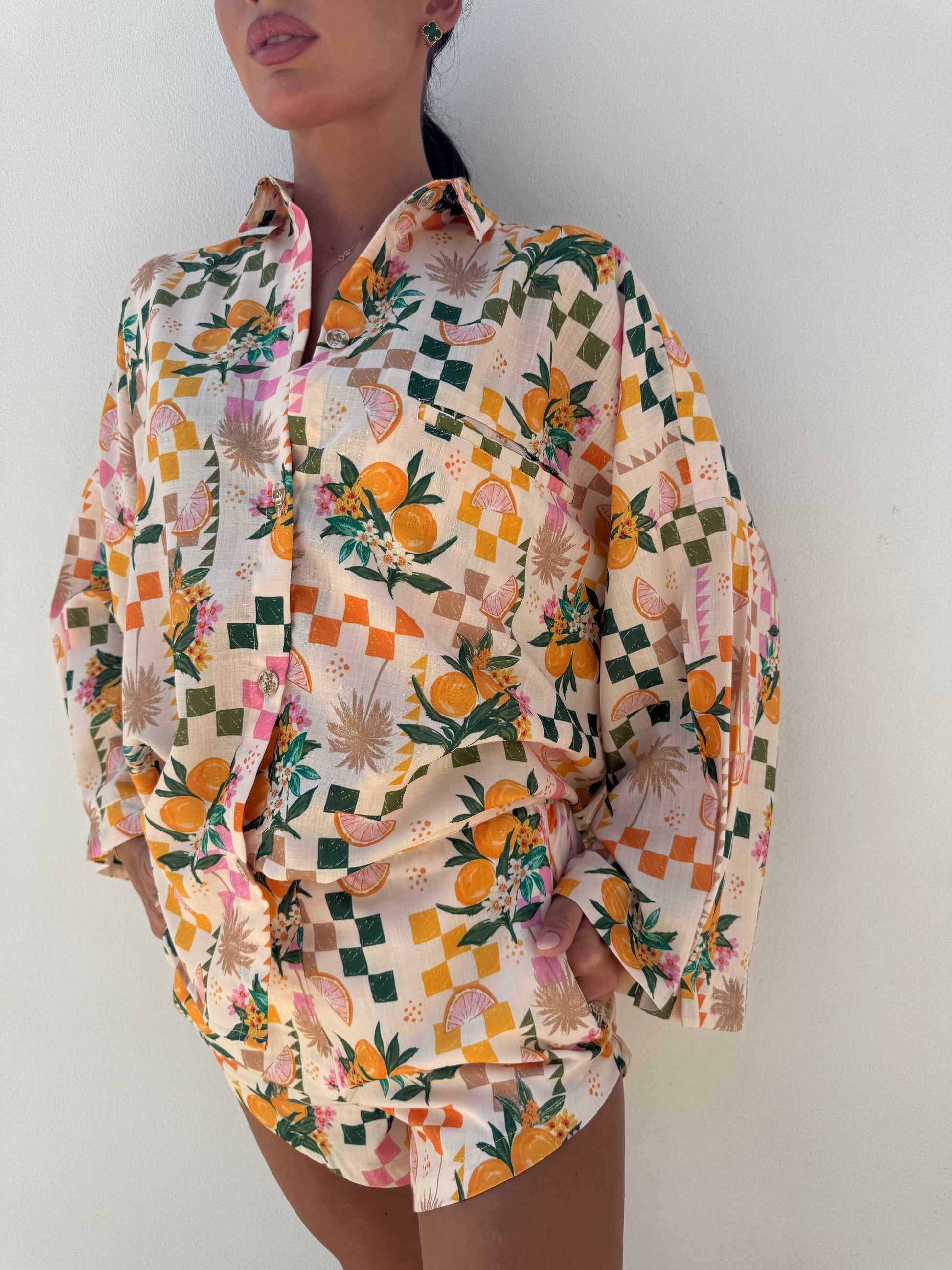 Summer shirt with orange, grapefruit, and floral mosaic design – Belle Chose