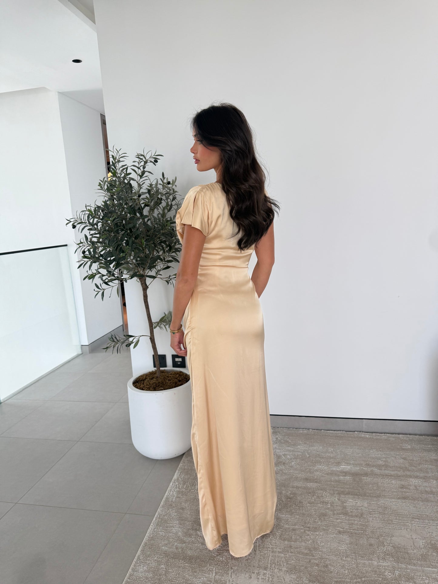 The Noelle Satin Drape Dress — Champagne