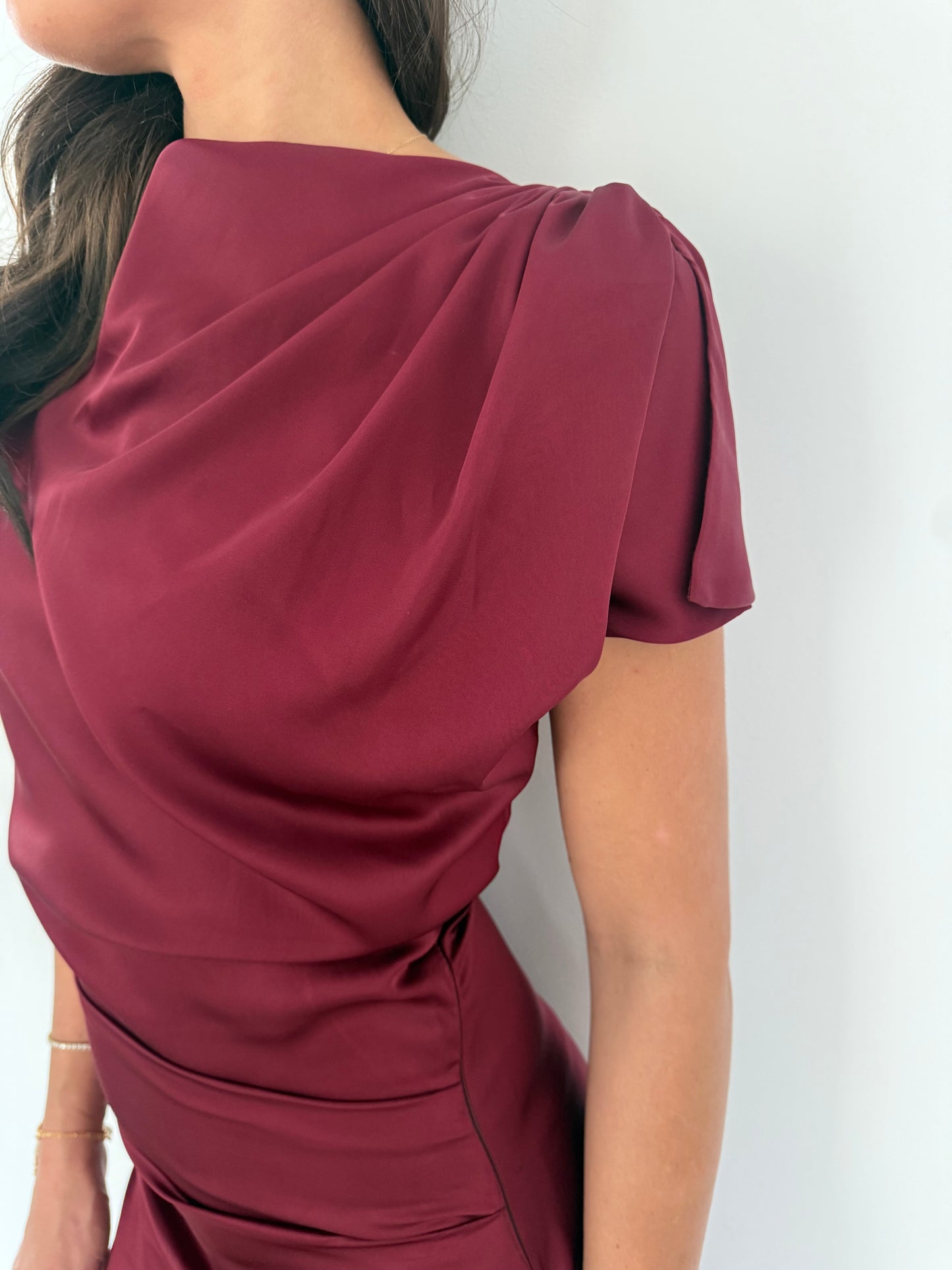 The Noelle Satin Drape Dress — Burgundy