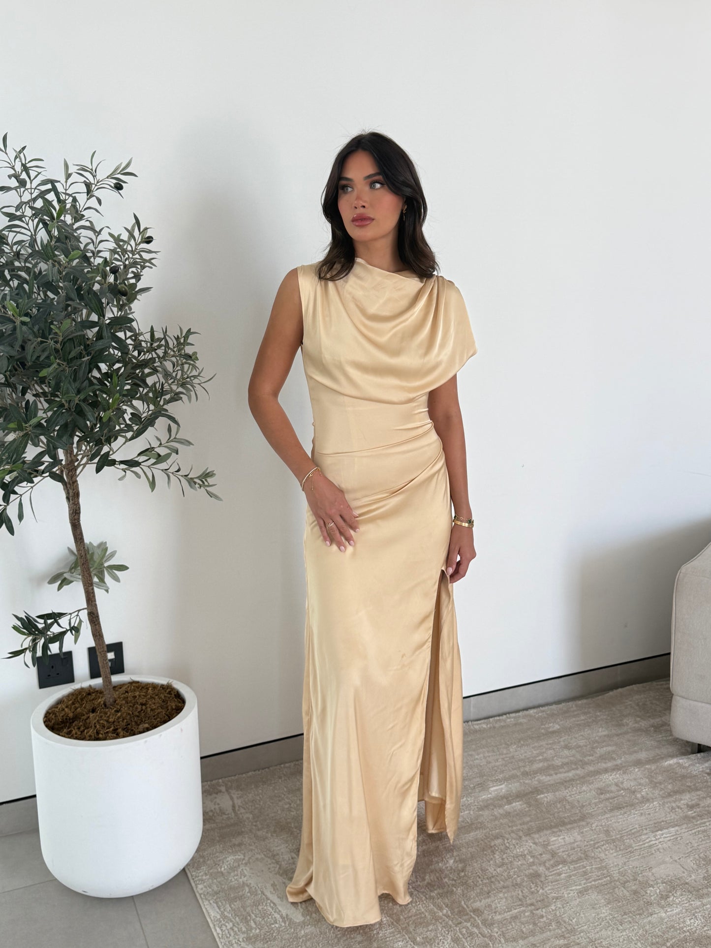 The Noelle Satin Drape Dress — Champagne