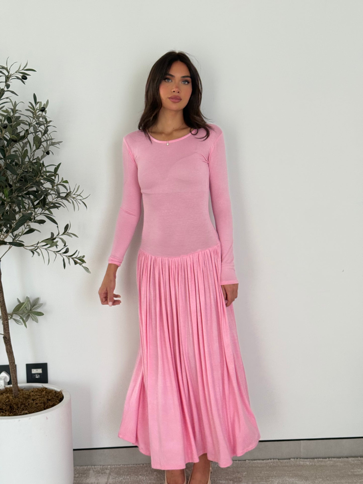 Long Sleeve Pleated Maxi Dress- Pink