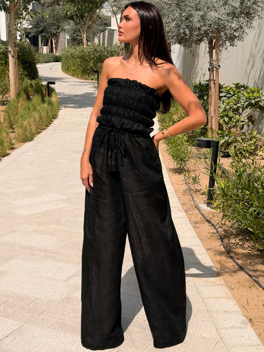 Noir Drift Linen Strapless Jumpsuit