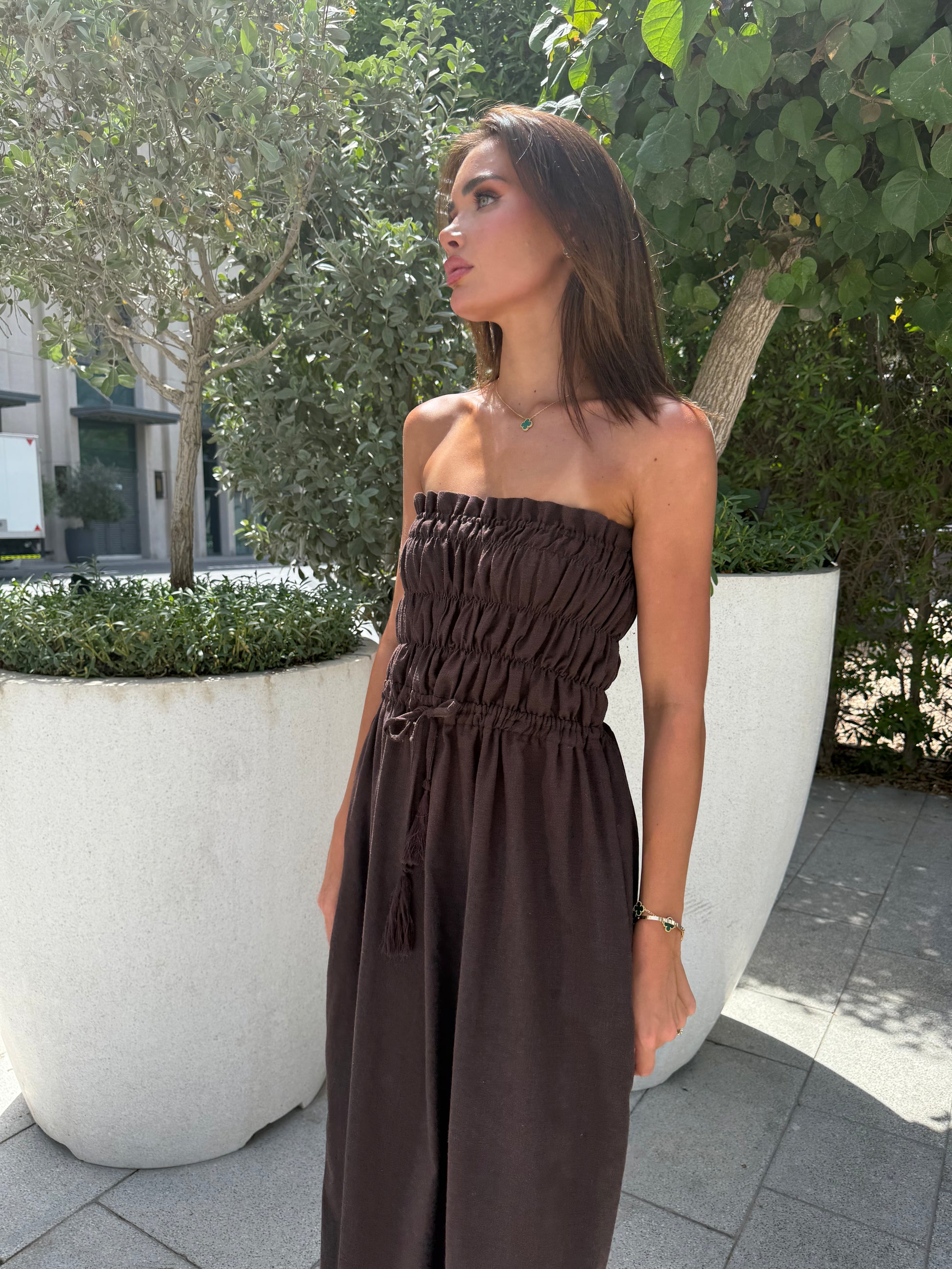 Noir Drift Linen Strapless Dress Xs / Black / Tall