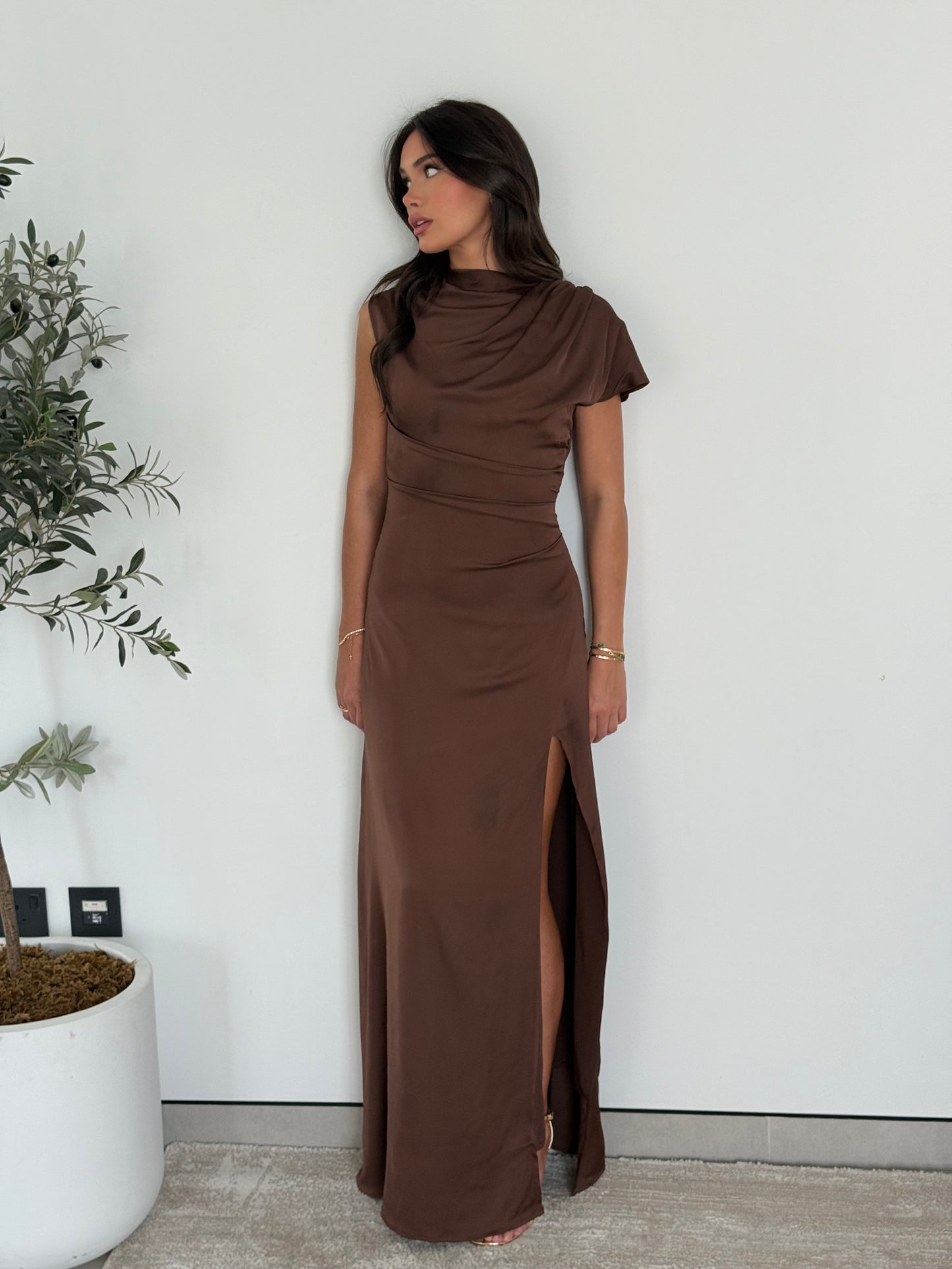 The Noelle Satin Drape Dress — Chocolate brown