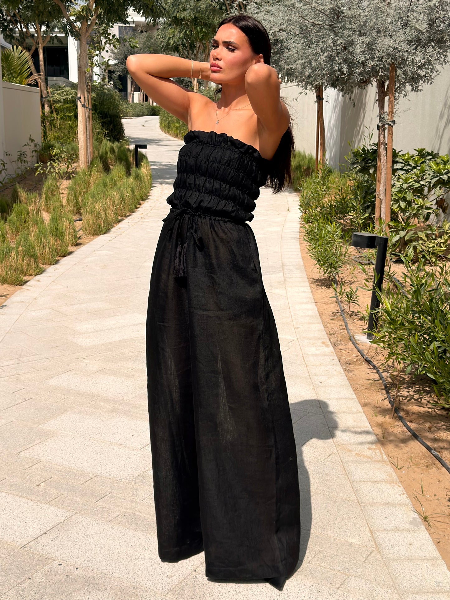 Noir Drift Linen Strapless Jumpsuit