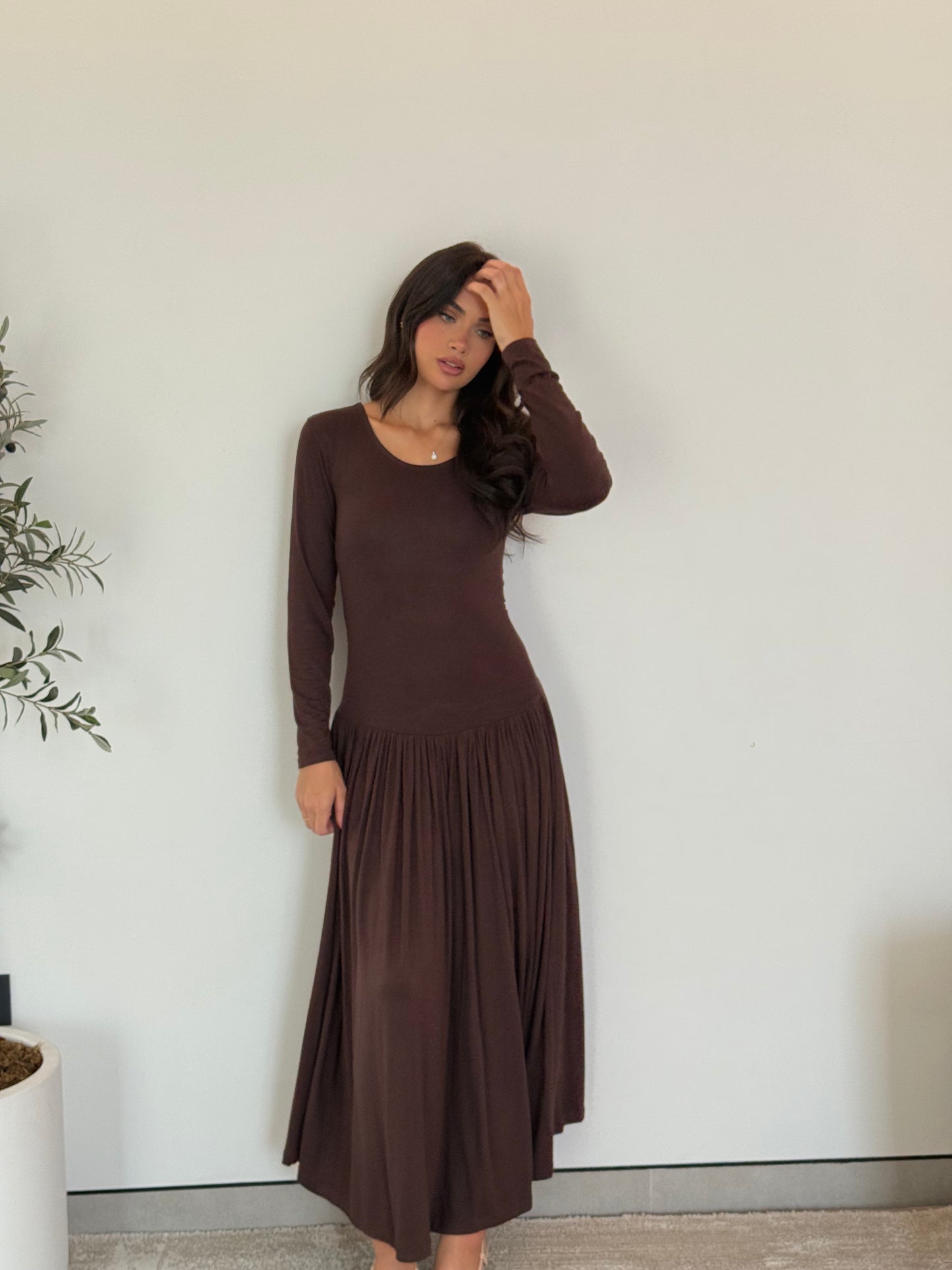 Long Sleeve Pleated Maxi Dress- Brown