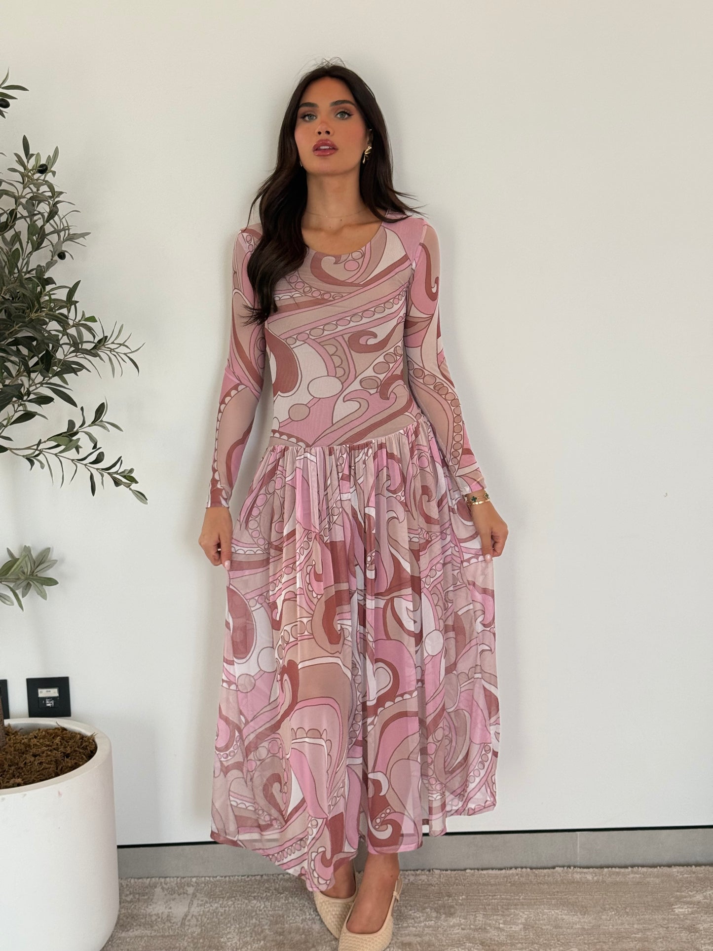 Long Sleeve Pleated Maxi Dress- Pink Mesh