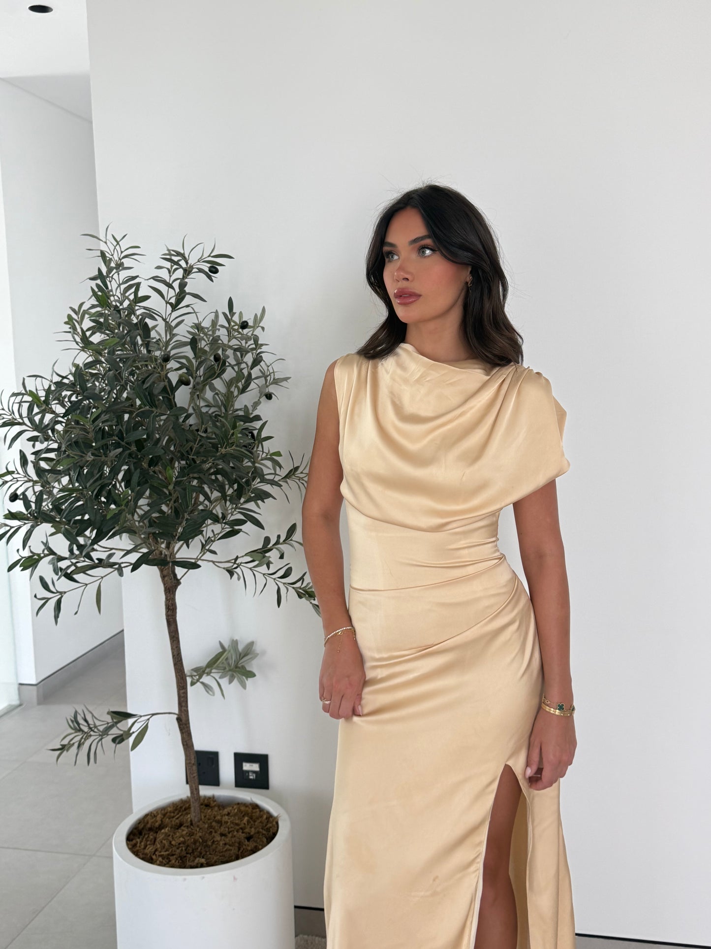 The Noelle Satin Drape Dress — Champagne